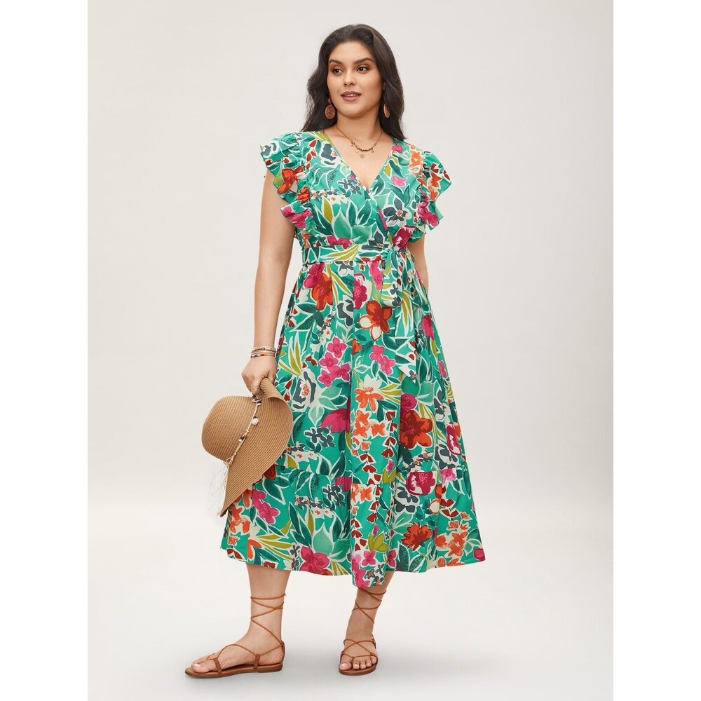Bloomchic Floral Wrap Patchwork Ruffle Cap Sleeve Dress Size 12